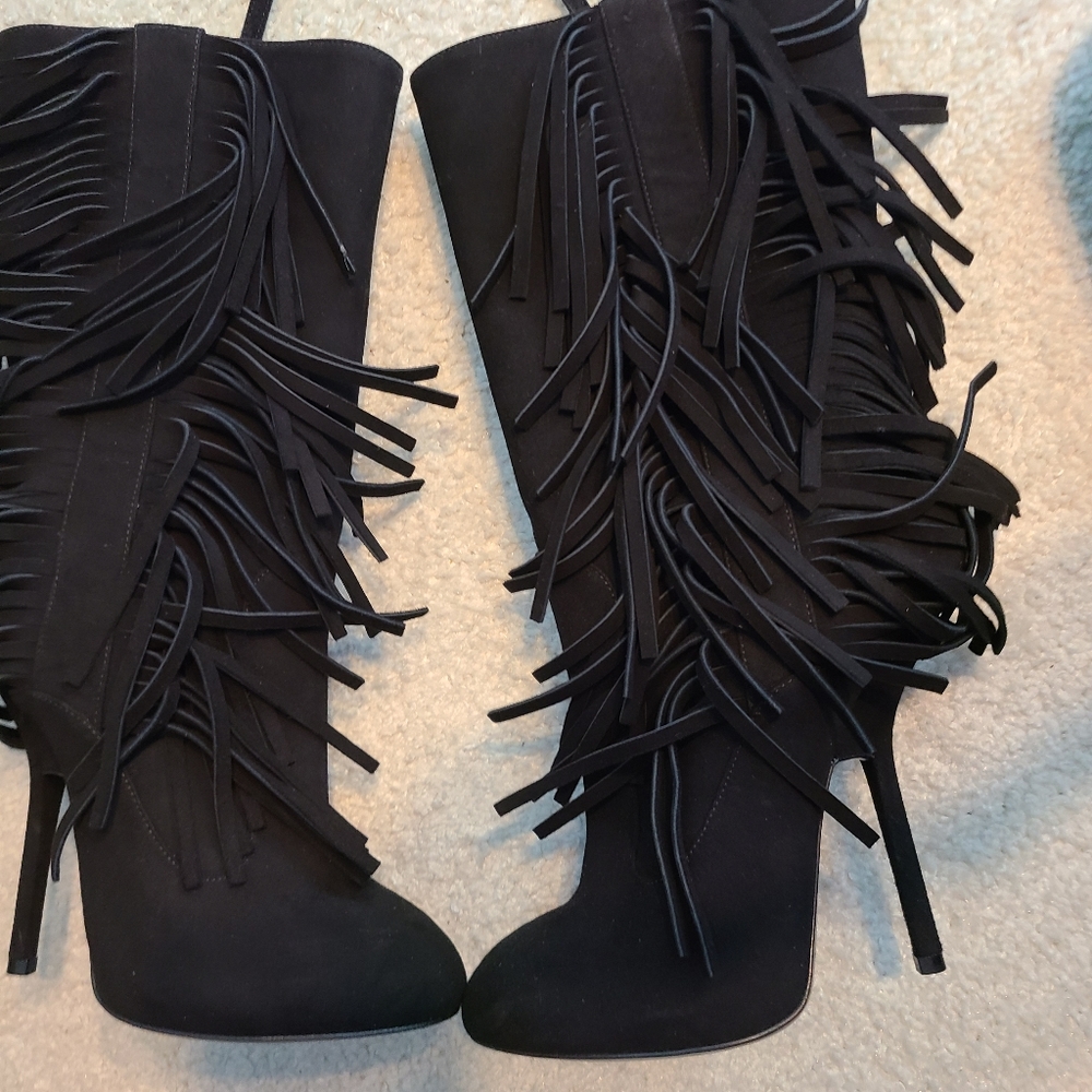 Giuseppe Zanotti Black Suede Fringe Detail Mid Calf Boots Size 6